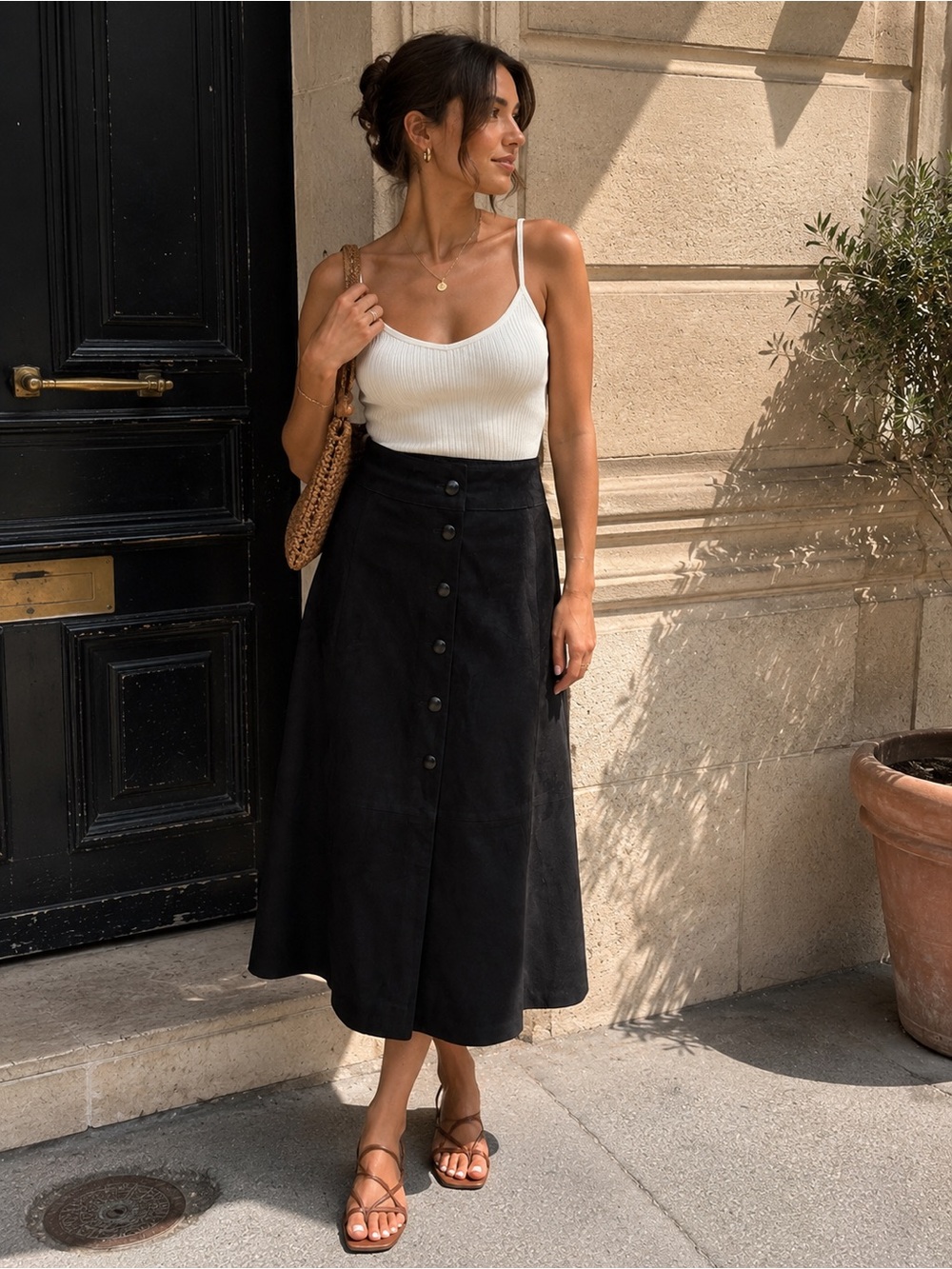 Chic Black Classic Faux Suede Button Front Midi Skirt A-Line Size 8